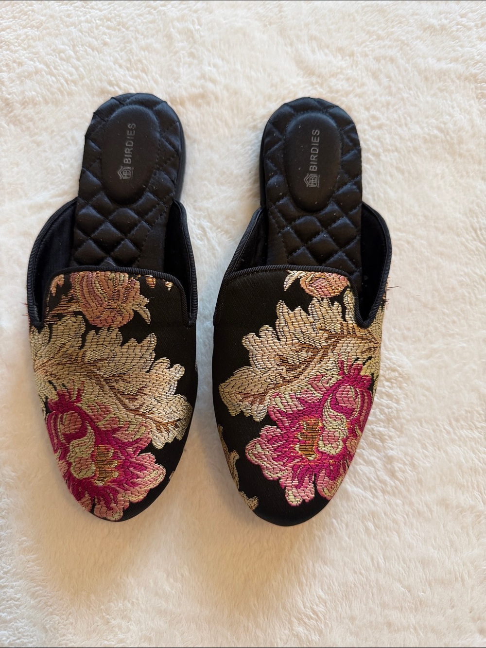 Birdies Black Embroidered Floral Mules with Pink & Gold Accents
